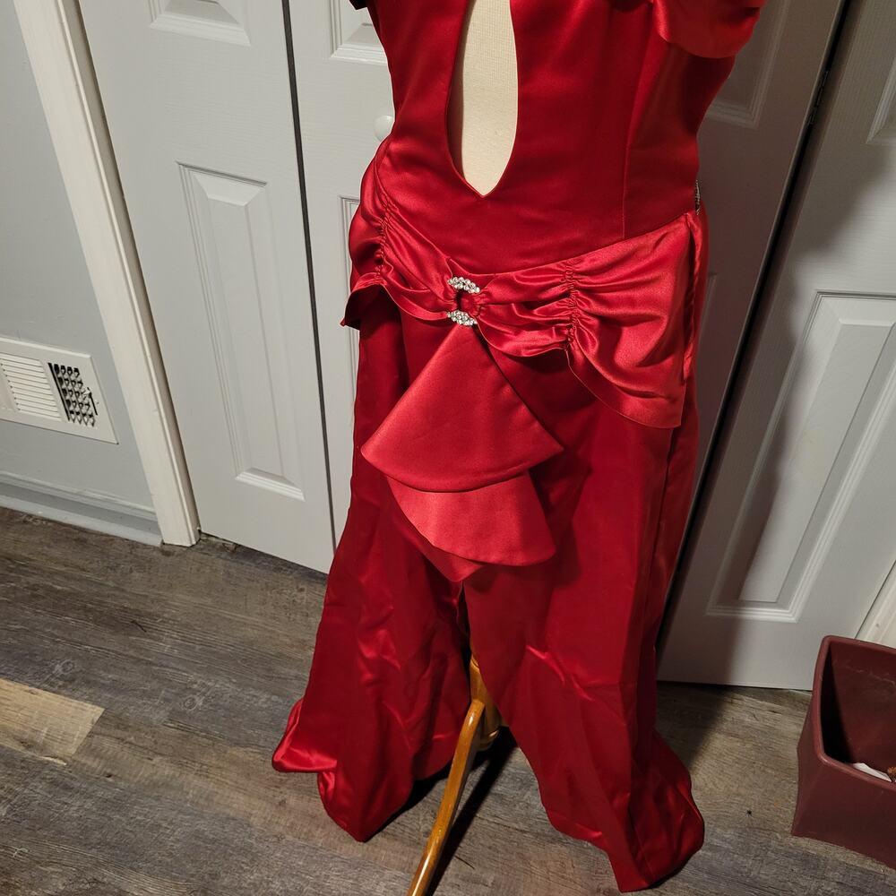 Y2K Red Satin Gown Spaghetti Straps Ruched Cutout Slit Train Size 2-4 Handmade - Picture 3 of 14